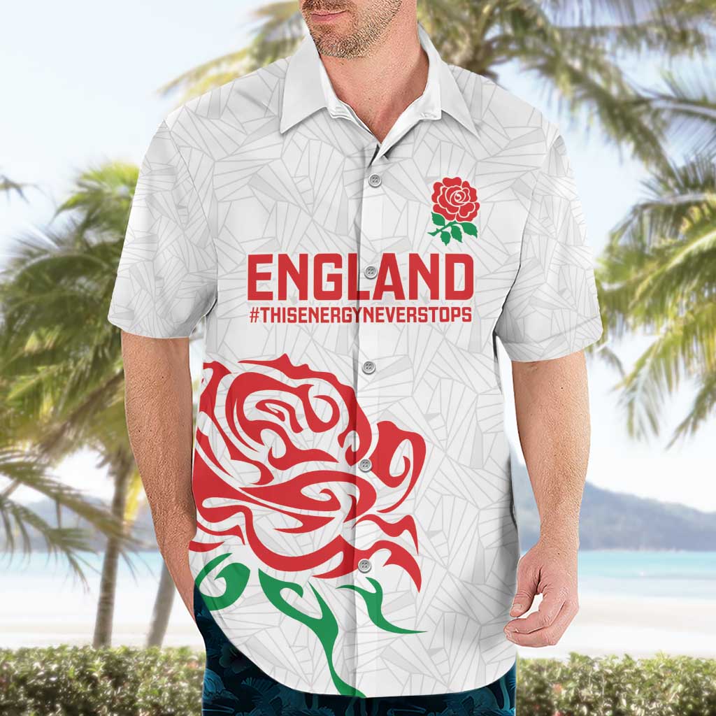 Custom Women Rugby England Hawaiian Shirt Red Roses Energy Never Stops - Wonder Print Shop