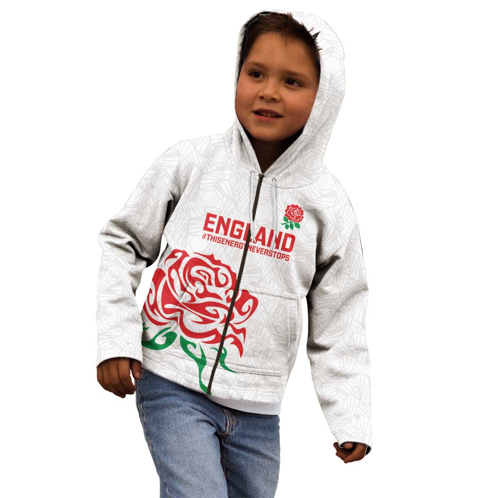 Custom Women Rugby England Kid Hoodie Red Roses Energy Never Stops - Wonder Print Shop
