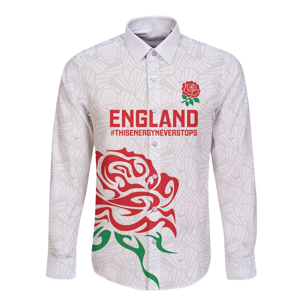 Custom Women Rugby England Long Sleeve Button Shirt Red Roses Energy Never Stops - Wonder Print Shop
