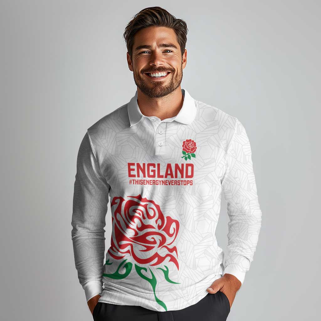 Custom Women Rugby England Long Sleeve Polo Shirt Red Roses Energy Never Stops - Wonder Print Shop