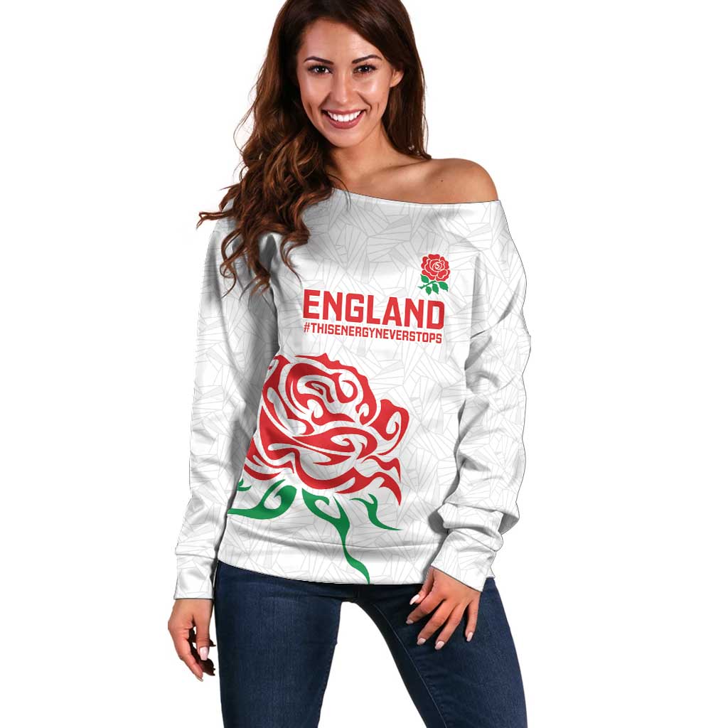 Custom Women Rugby England Off Shoulder Sweater Red Roses Energy Never Stops - Wonder Print Shop