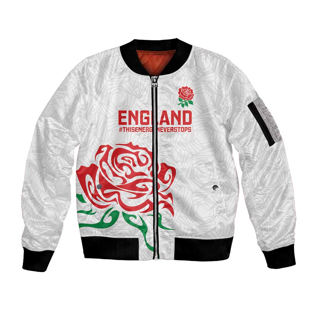 Custom Women Rugby England Sleeve Zip Bomber Jacket Red Roses Energy Never Stops - Wonder Print Shop