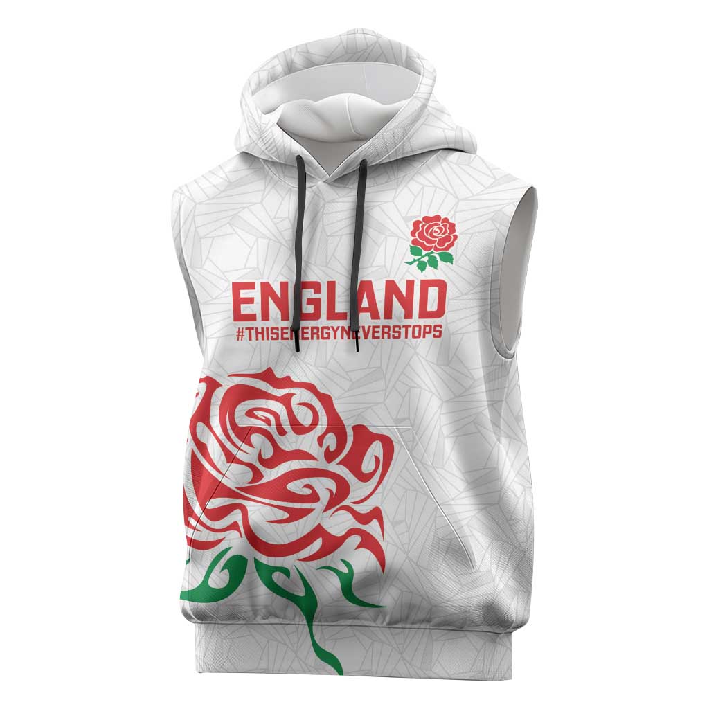 Custom Women Rugby England Sleeveless Hoodie Red Roses Energy Never Stops - Wonder Print Shop