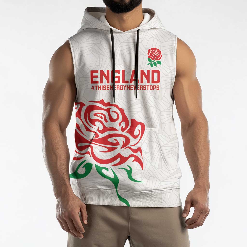 Custom Women Rugby England Sleeveless Hoodie Red Roses Energy Never Stops - Wonder Print Shop