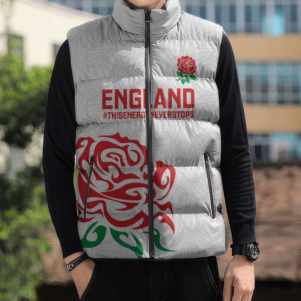 Custom Women Rugby England Sleeveless Puffer Jacket Red Roses Energy Never Stops - Wonder Print Shop