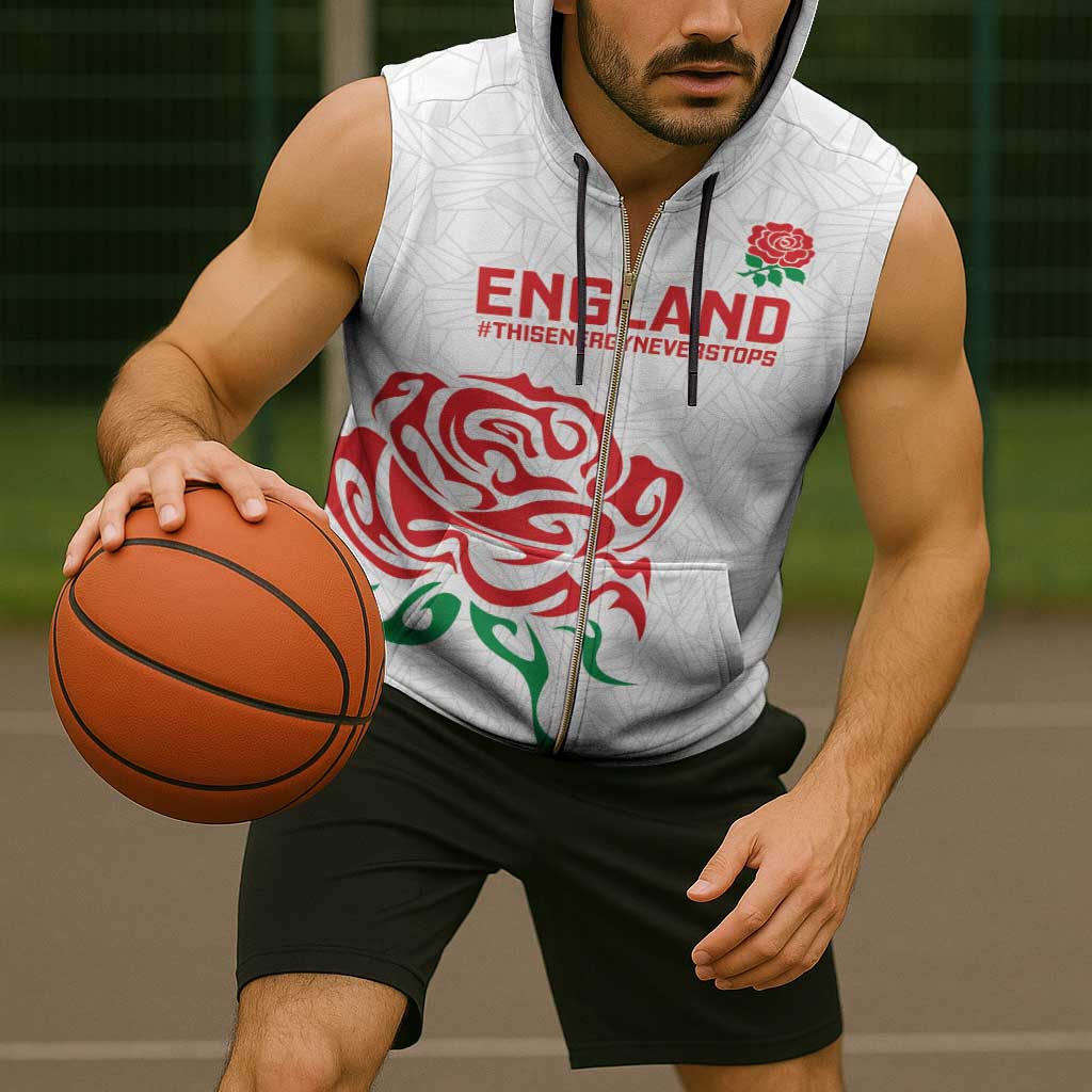 Custom Women Rugby England Sleeveless Zip Hoodie Red Roses Energy Never Stops - Wonder Print Shop
