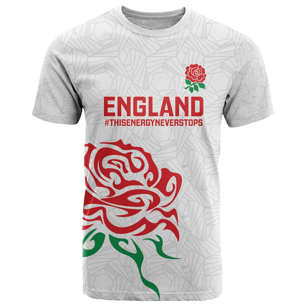 Custom Women Rugby England T Shirt Red Roses Energy Never Stops - Wonder Print Shop