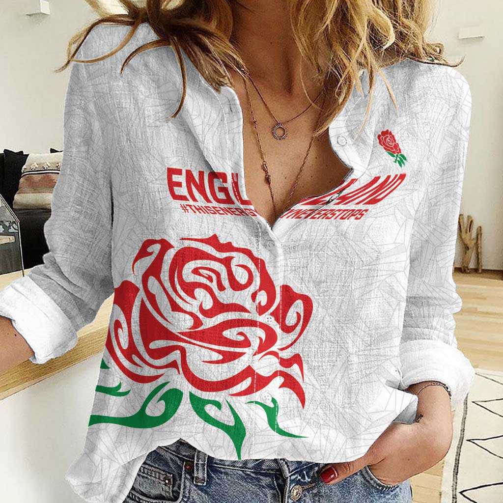 Custom Women Rugby England Women Casual Shirt Red Roses Energy Never Stops - Wonder Print Shop