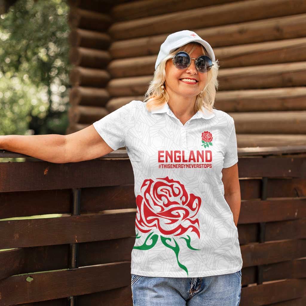 Custom Women Rugby England Women Polo Shirt Red Roses Energy Never Stops - Wonder Print Shop
