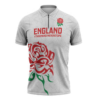 Custom Women Rugby England Zipper Polo Shirt Red Roses Energy Never Stops - Wonder Print Shop