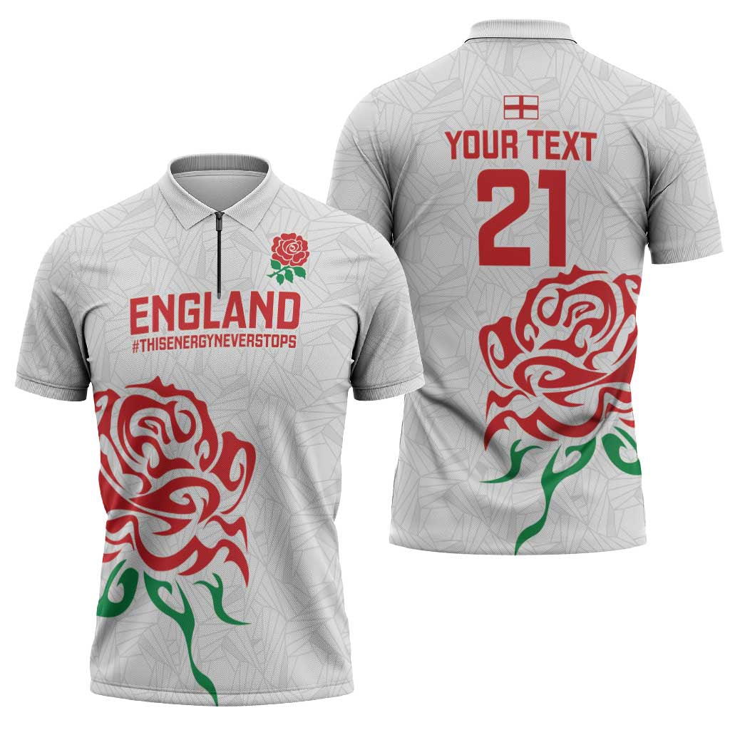 Custom Women Rugby England Zipper Polo Shirt Red Roses Energy Never Stops - Wonder Print Shop
