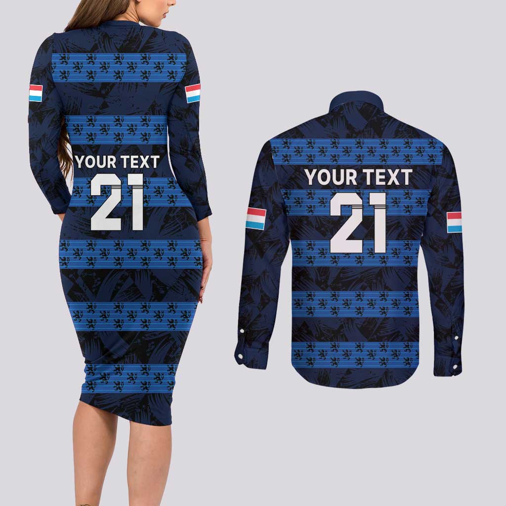 Luxembourg Football Custom Couples Matching Long Sleeve Bodycon Dress and Long Sleeve Button Shirt The Red Lions Tribal Pattern LT9 - Wonder Print Shop