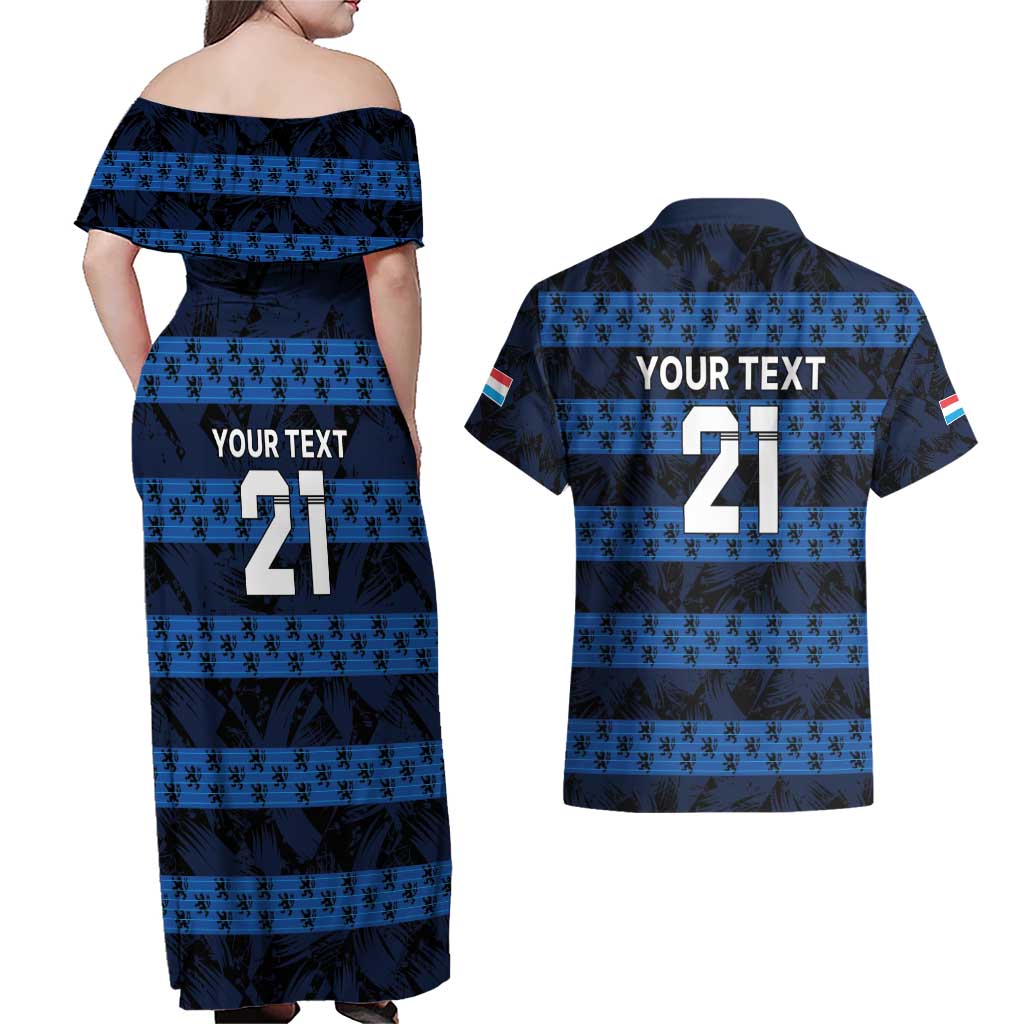 Luxembourg Football Custom Couples Matching Off Shoulder Maxi Dress and Hawaiian Shirt The Red Lions Tribal Pattern LT9 - Wonder Print Shop