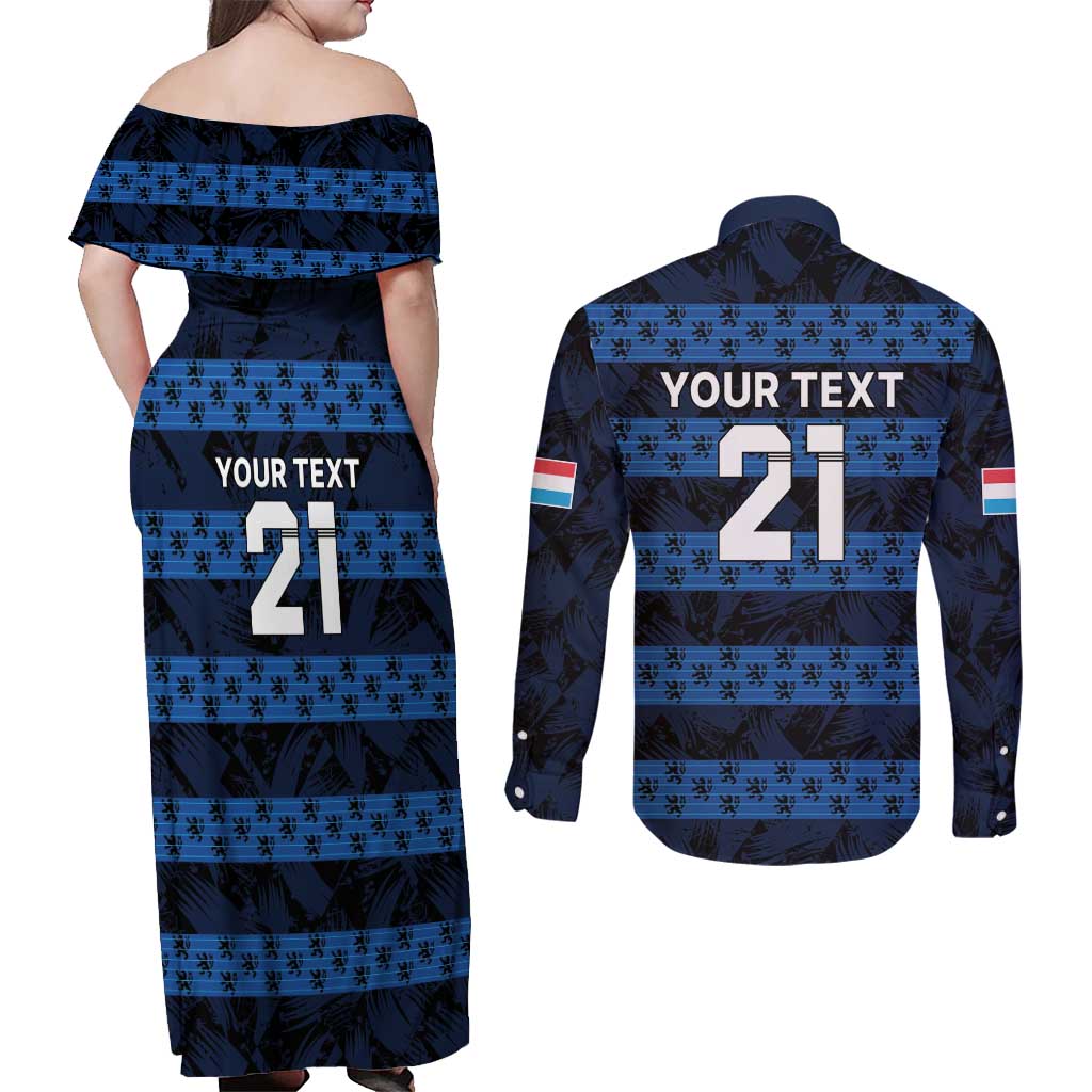 Luxembourg Football Custom Couples Matching Off Shoulder Maxi Dress and Long Sleeve Button Shirt The Red Lions Tribal Pattern LT9 - Wonder Print Shop