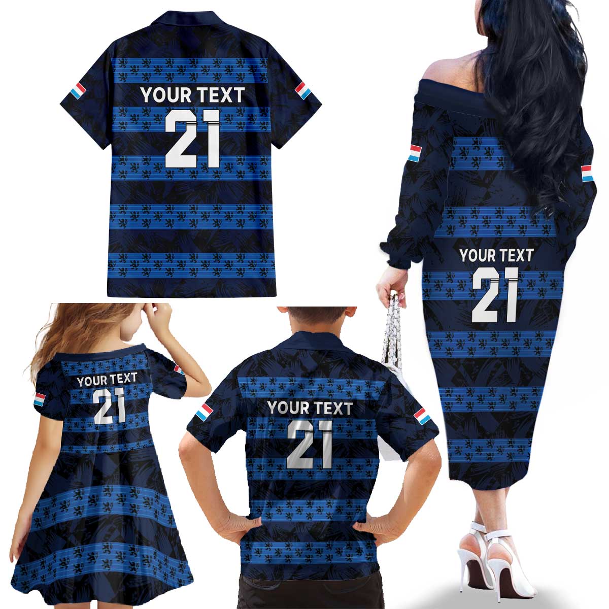Luxembourg Football Custom Family Matching Off The Shoulder Long Sleeve Dress and Hawaiian Shirt The Red Lions Tribal Pattern - Wonder Print Shop