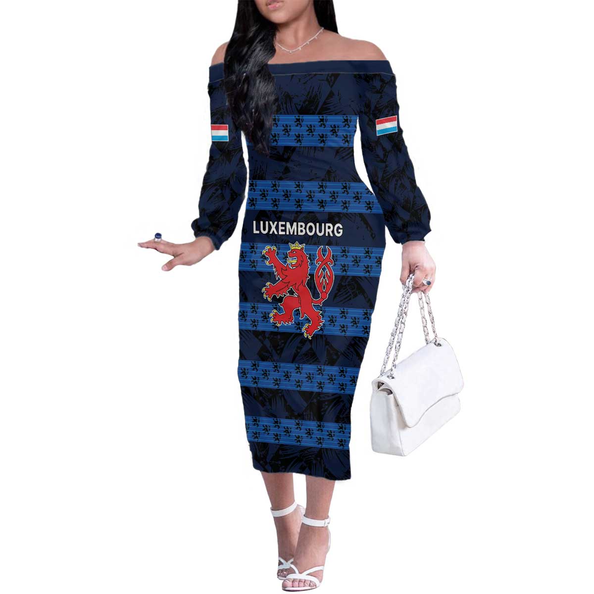 Luxembourg Football Custom Family Matching Off The Shoulder Long Sleeve Dress and Hawaiian Shirt The Red Lions Tribal Pattern - Wonder Print Shop