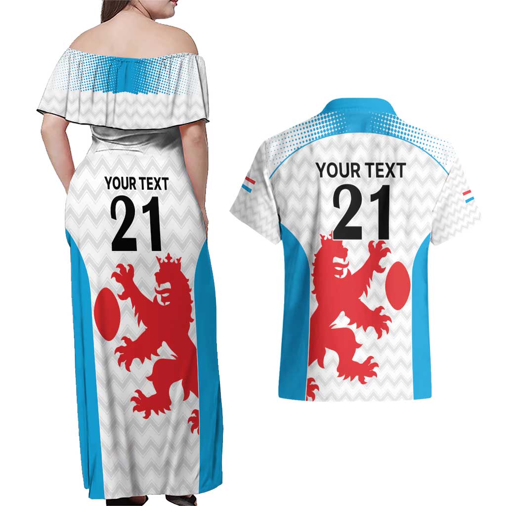Luxembourg Custom Couples Matching Off Shoulder Maxi Dress and Hawaiian Shirt Motifs 2021-22 Federation Luxembourgeoise de Rugby LT9 - Wonder Print Shop