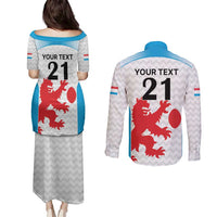 Luxembourg Custom Couples Matching Puletasi and Long Sleeve Button Shirt Motifs 2021-22 Federation Luxembourgeoise de Rugby LT9 - Wonder Print Shop
