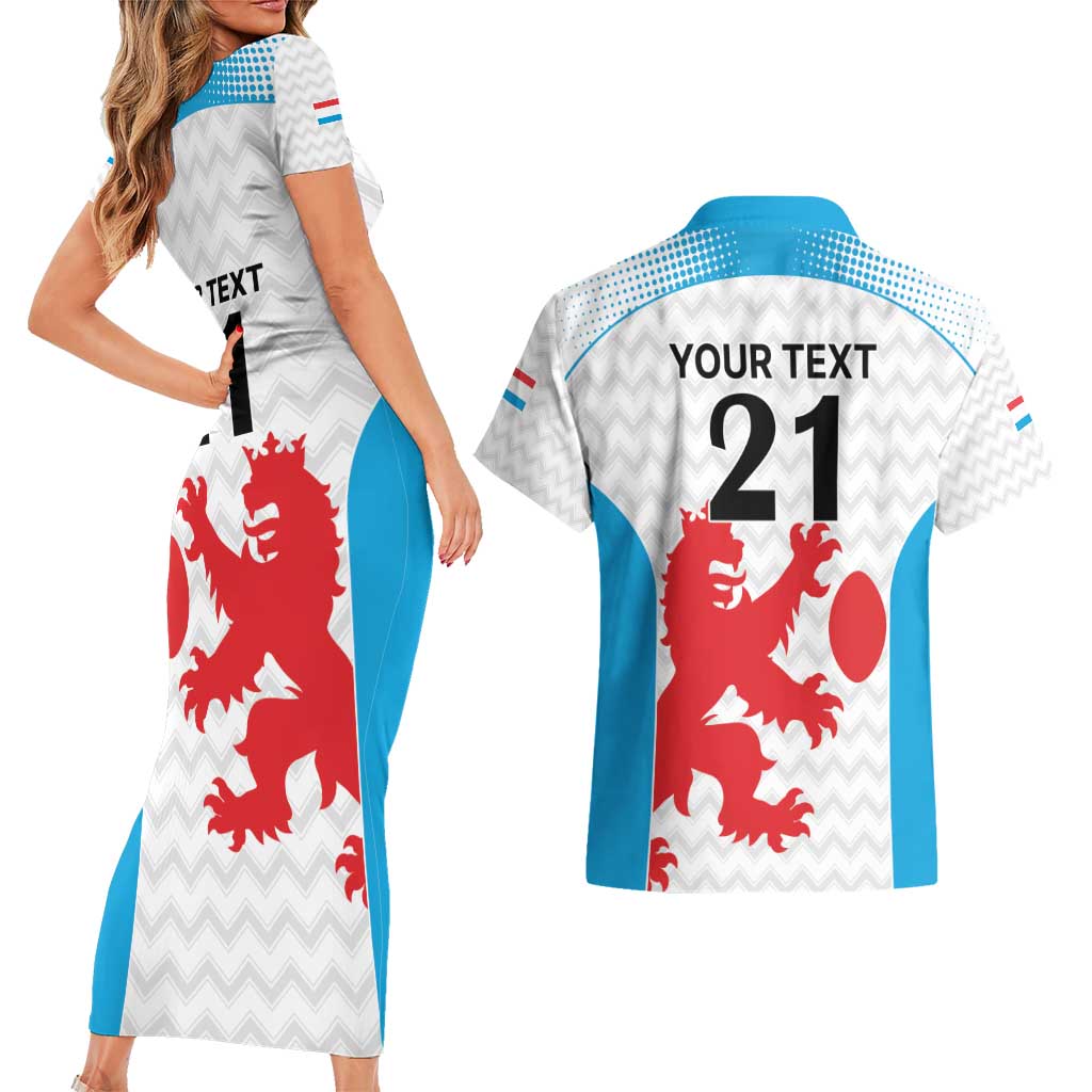 Luxembourg Custom Couples Matching Short Sleeve Bodycon Dress and Hawaiian Shirt Motifs 2021-22 Federation Luxembourgeoise de Rugby LT9 - Wonder Print Shop
