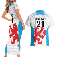 Luxembourg Custom Couples Matching Short Sleeve Bodycon Dress and Hawaiian Shirt Motifs 2021-22 Federation Luxembourgeoise de Rugby LT9 - Wonder Print Shop