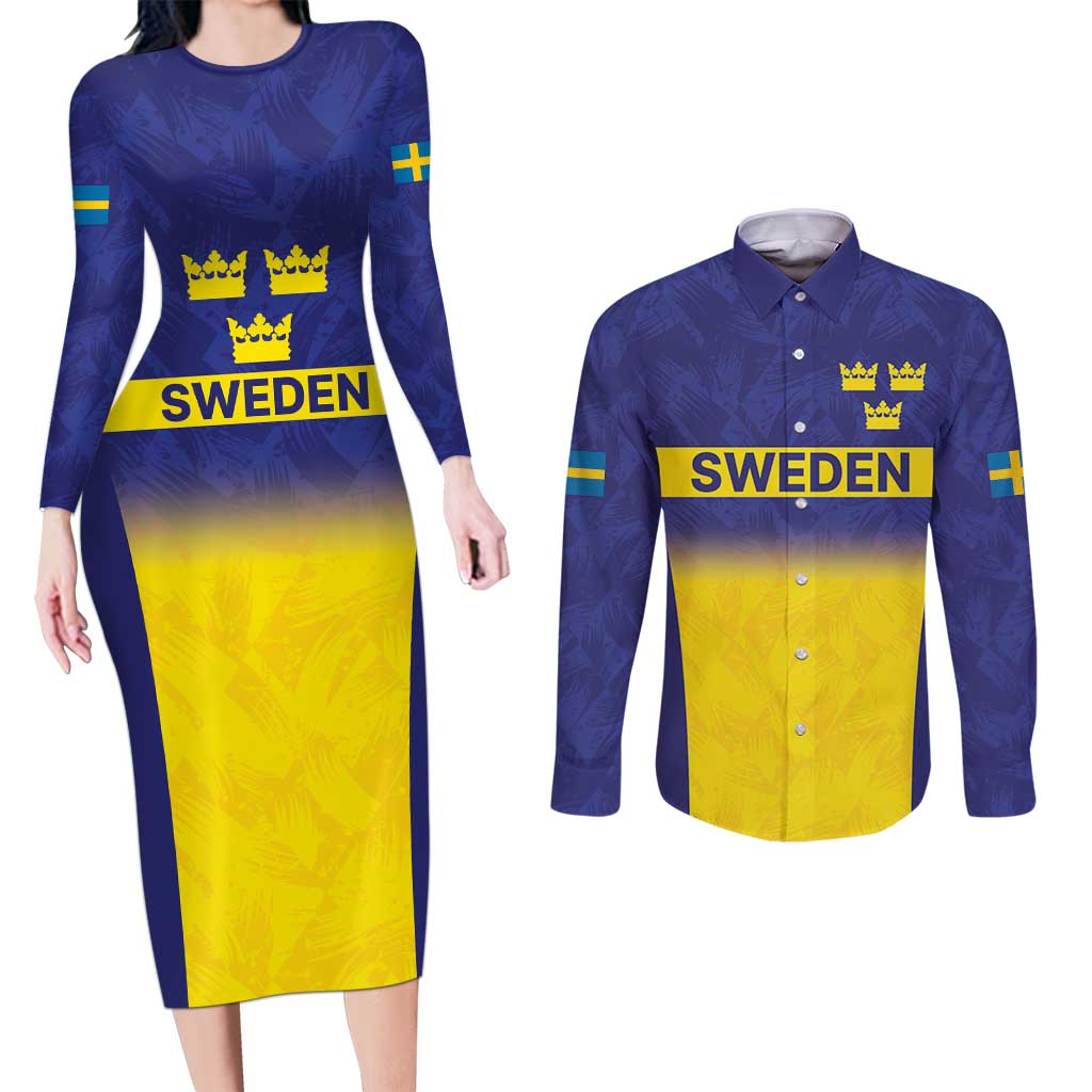 Sweden Rugby Custom Couples Matching Long Sleeve Bodycon Dress and Long Sleeve Button Shirt Three Crowns of Sweden Blue Pattern LT9 - Wonder Print Shop