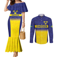 Sweden Rugby Custom Couples Matching Mermaid Dress and Long Sleeve Button Shirt Three Crowns of Sweden Blue Pattern