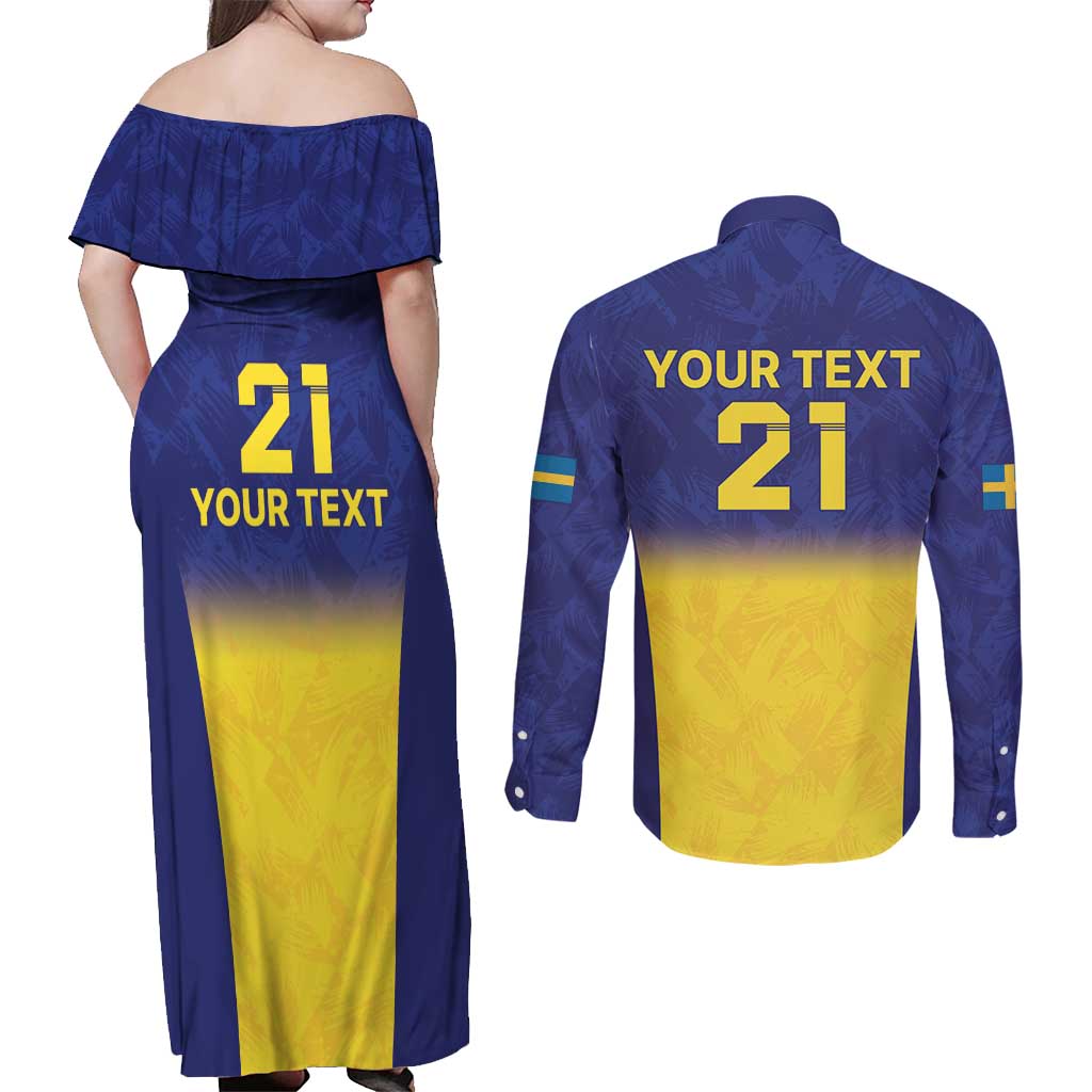 Sweden Rugby Custom Couples Matching Off Shoulder Maxi Dress and Long Sleeve Button Shirt Three Crowns of Sweden Blue Pattern LT9 - Wonder Print Shop
