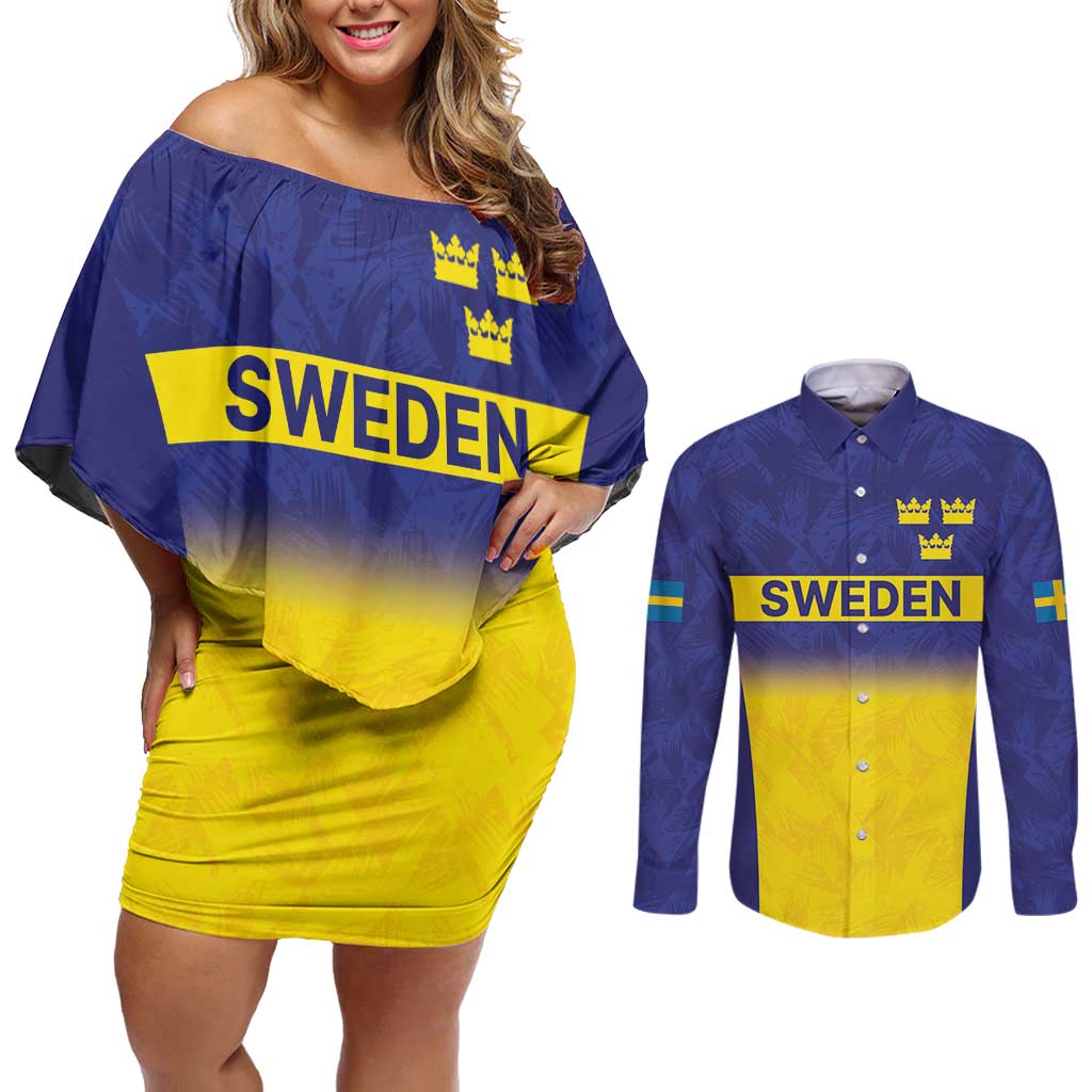 Sweden Rugby Custom Couples Matching Off Shoulder Short Dress and Long Sleeve Button Shirt Three Crowns of Sweden Blue Pattern LT9 - Wonder Print Shop