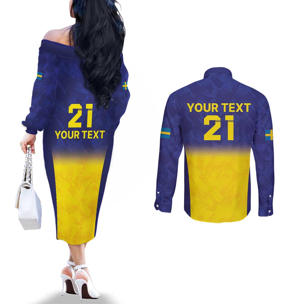 Sweden Rugby Custom Couples Matching Off The Shoulder Long Sleeve Dress and Long Sleeve Button Shirt Three Crowns of Sweden Blue Pattern