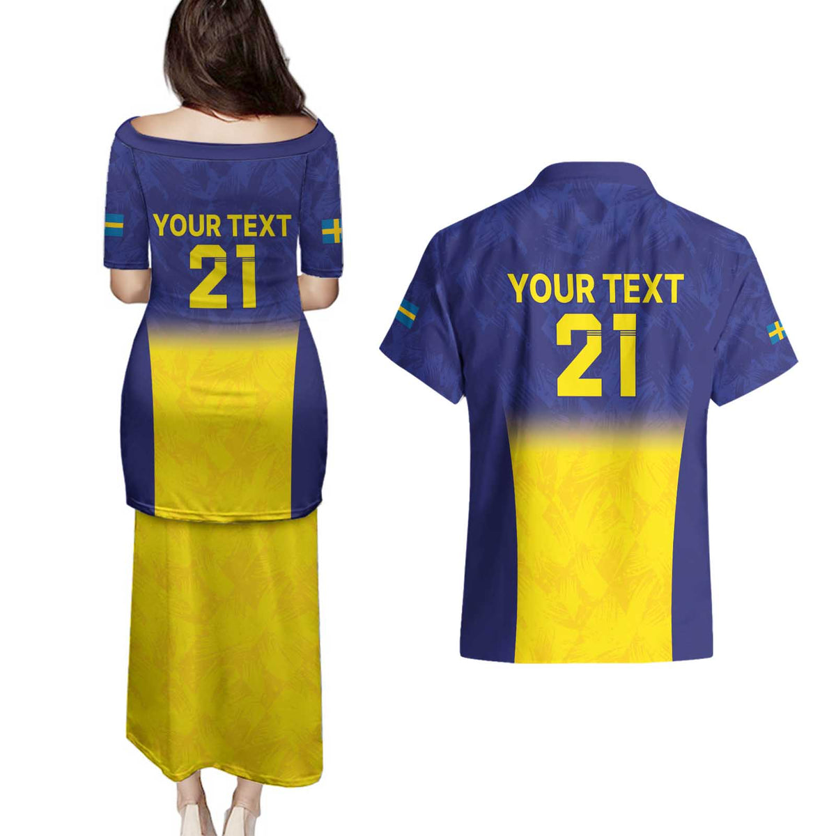 Sweden Rugby Custom Couples Matching Puletasi and Hawaiian Shirt Three Crowns of Sweden Blue Pattern LT9 - Wonder Print Shop