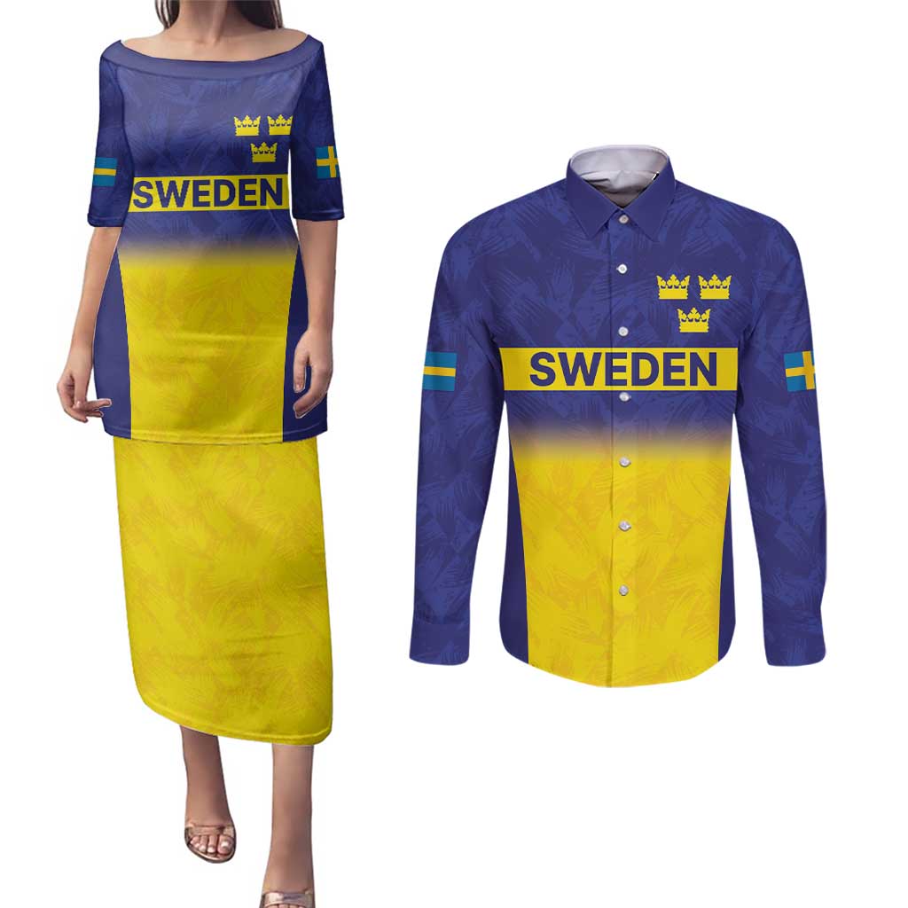Sweden Rugby Custom Couples Matching Puletasi and Long Sleeve Button Shirt Three Crowns of Sweden Blue Pattern LT9 - Wonder Print Shop