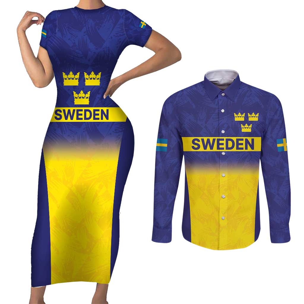 Sweden Rugby Custom Couples Matching Short Sleeve Bodycon Dress and Long Sleeve Button Shirt Three Crowns of Sweden Blue Pattern LT9 - Wonder Print Shop
