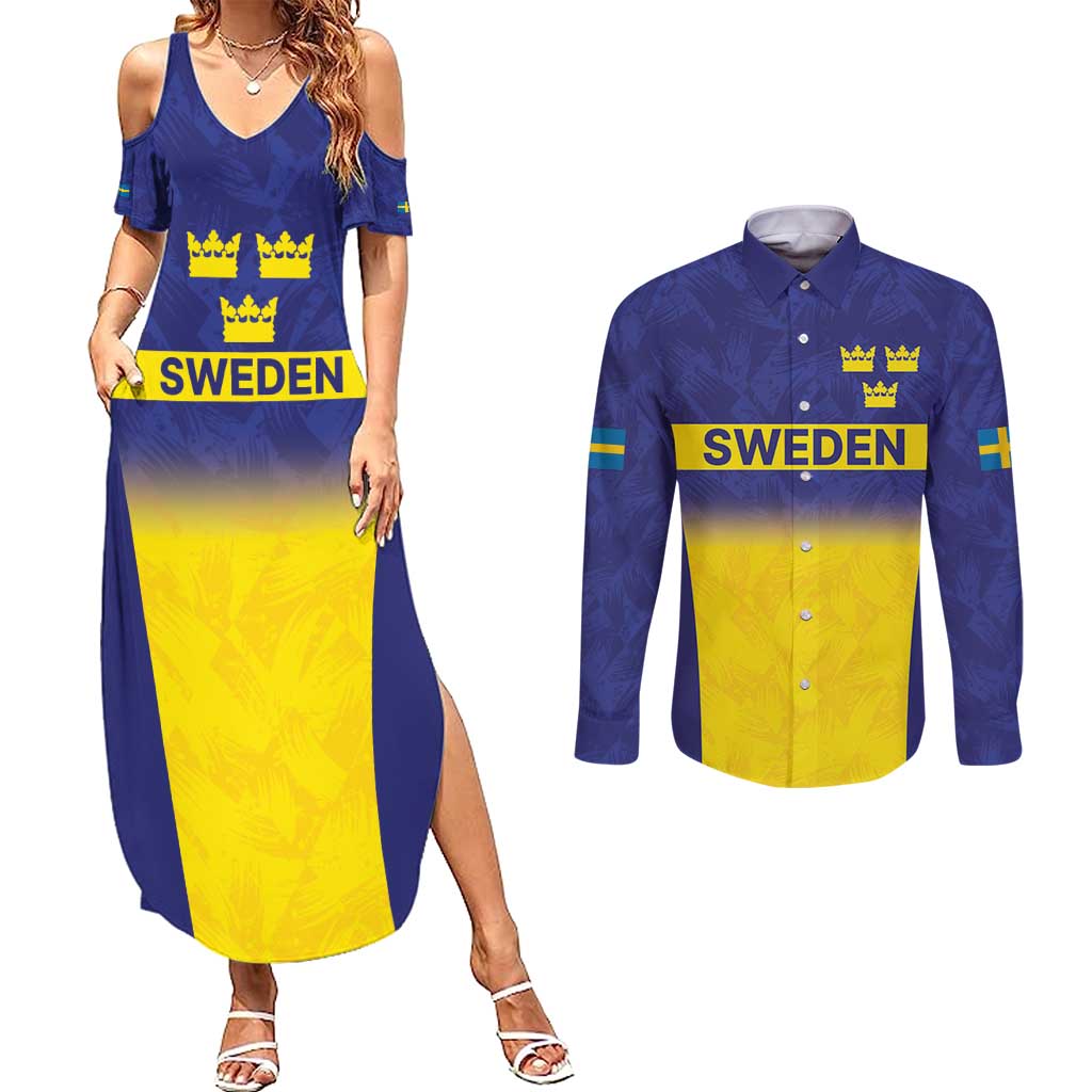 Sweden Rugby Custom Couples Matching Summer Maxi Dress and Long Sleeve Button Shirt Three Crowns of Sweden Blue Pattern LT9 - Wonder Print Shop