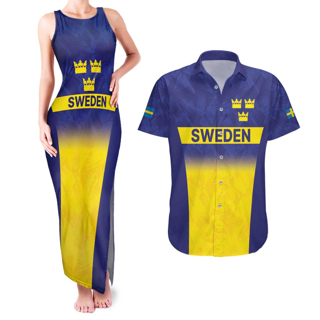 Sweden Rugby Custom Couples Matching Tank Maxi Dress and Hawaiian Shirt Three Crowns of Sweden Blue Pattern LT9 - Wonder Print Shop