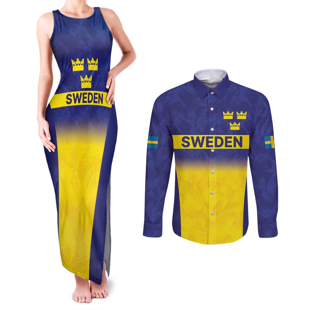 Sweden Rugby Custom Couples Matching Tank Maxi Dress and Long Sleeve Button Shirt Three Crowns of Sweden Blue Pattern LT9 - Wonder Print Shop