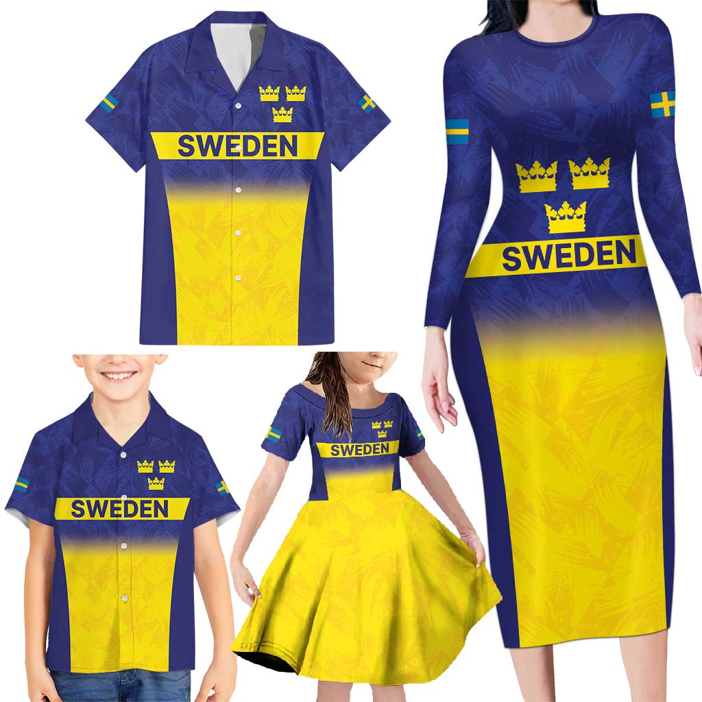 Sweden Rugby Custom Family Matching Long Sleeve Bodycon Dress and Hawaiian Shirt Three Crowns of Sweden Blue Pattern LT9 - Wonder Print Shop
