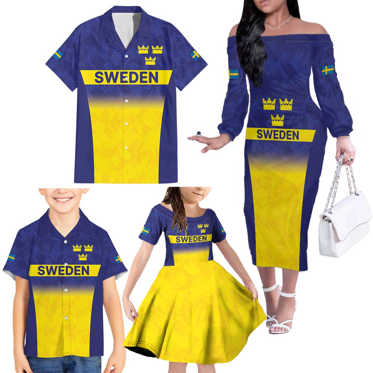 Sweden Rugby Custom Family Matching Off The Shoulder Long Sleeve Dress and Hawaiian Shirt Three Crowns of Sweden Blue Pattern - Wonder Print Shop