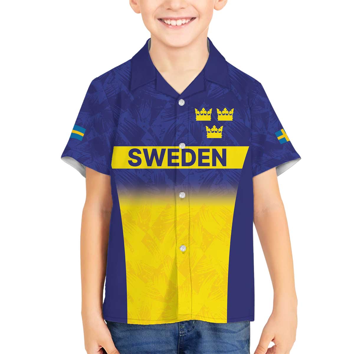 Sweden Rugby Custom Family Matching Off The Shoulder Long Sleeve Dress and Hawaiian Shirt Three Crowns of Sweden Blue Pattern - Wonder Print Shop