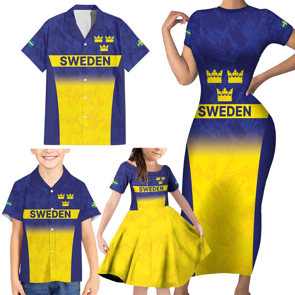 Sweden Rugby Custom Family Matching Short Sleeve Bodycon Dress and Hawaiian Shirt Three Crowns of Sweden Blue Pattern - Wonder Print Shop