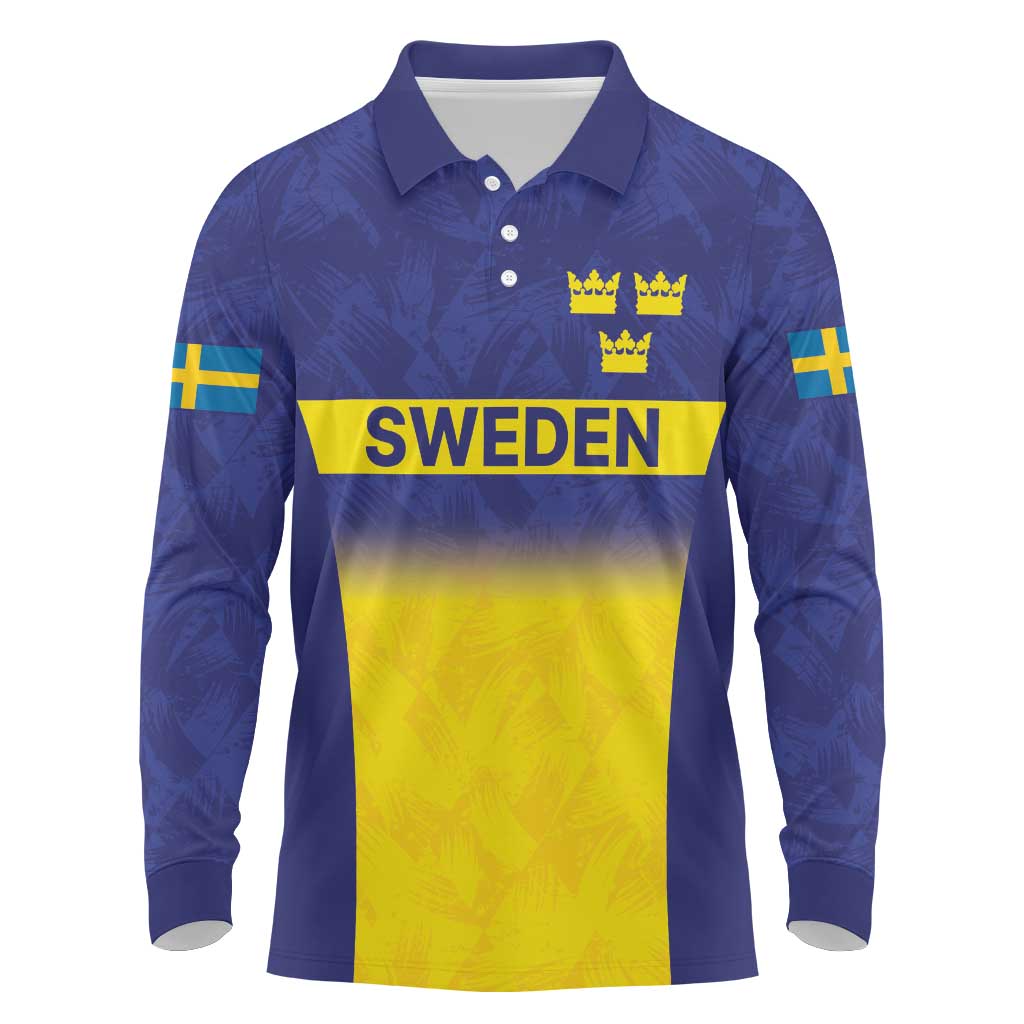 Sweden Rugby Custom Long Sleeve Polo Shirt Three Crowns of Sweden Blue Pattern - Wonder Print Shop