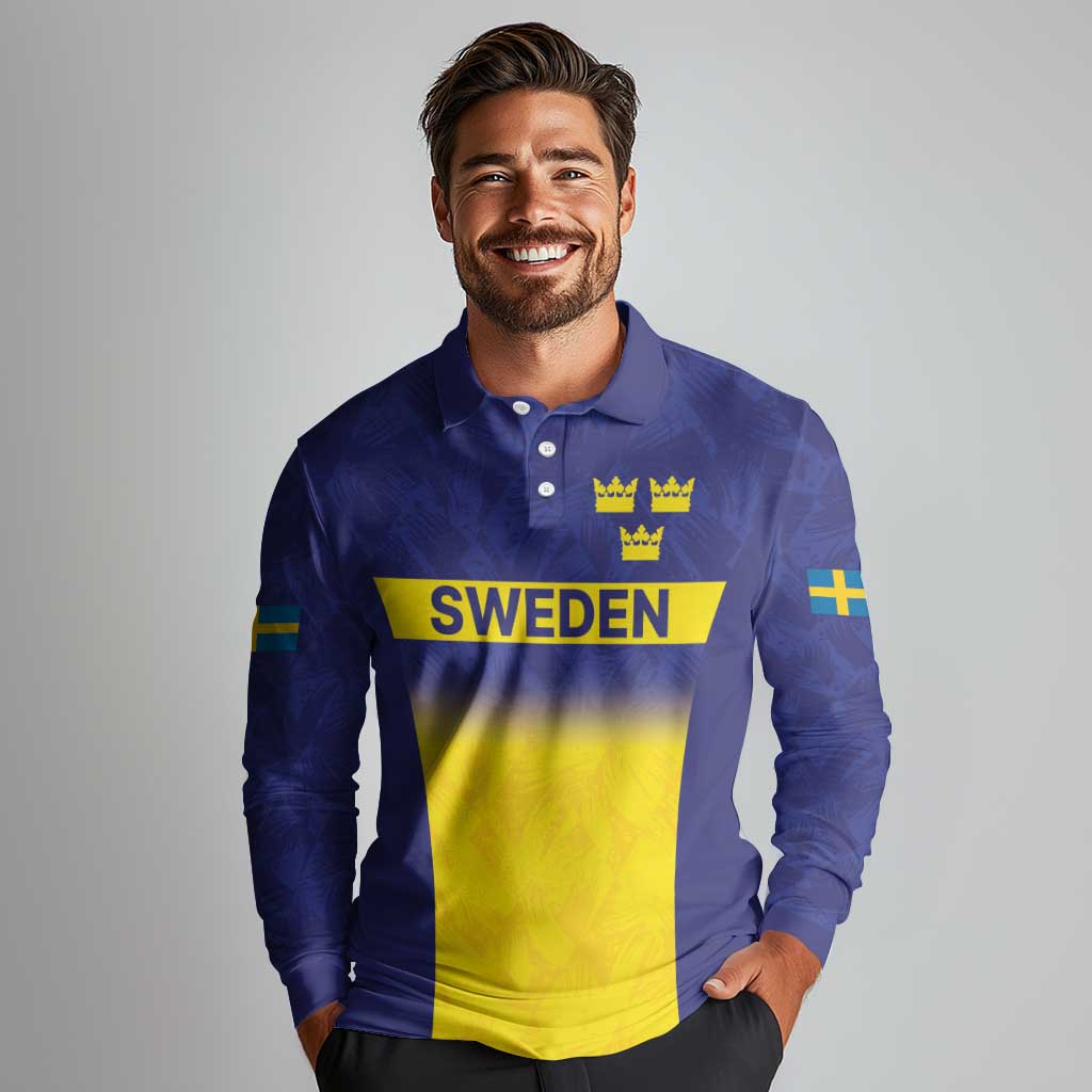 Sweden Rugby Custom Long Sleeve Polo Shirt Three Crowns of Sweden Blue Pattern - Wonder Print Shop