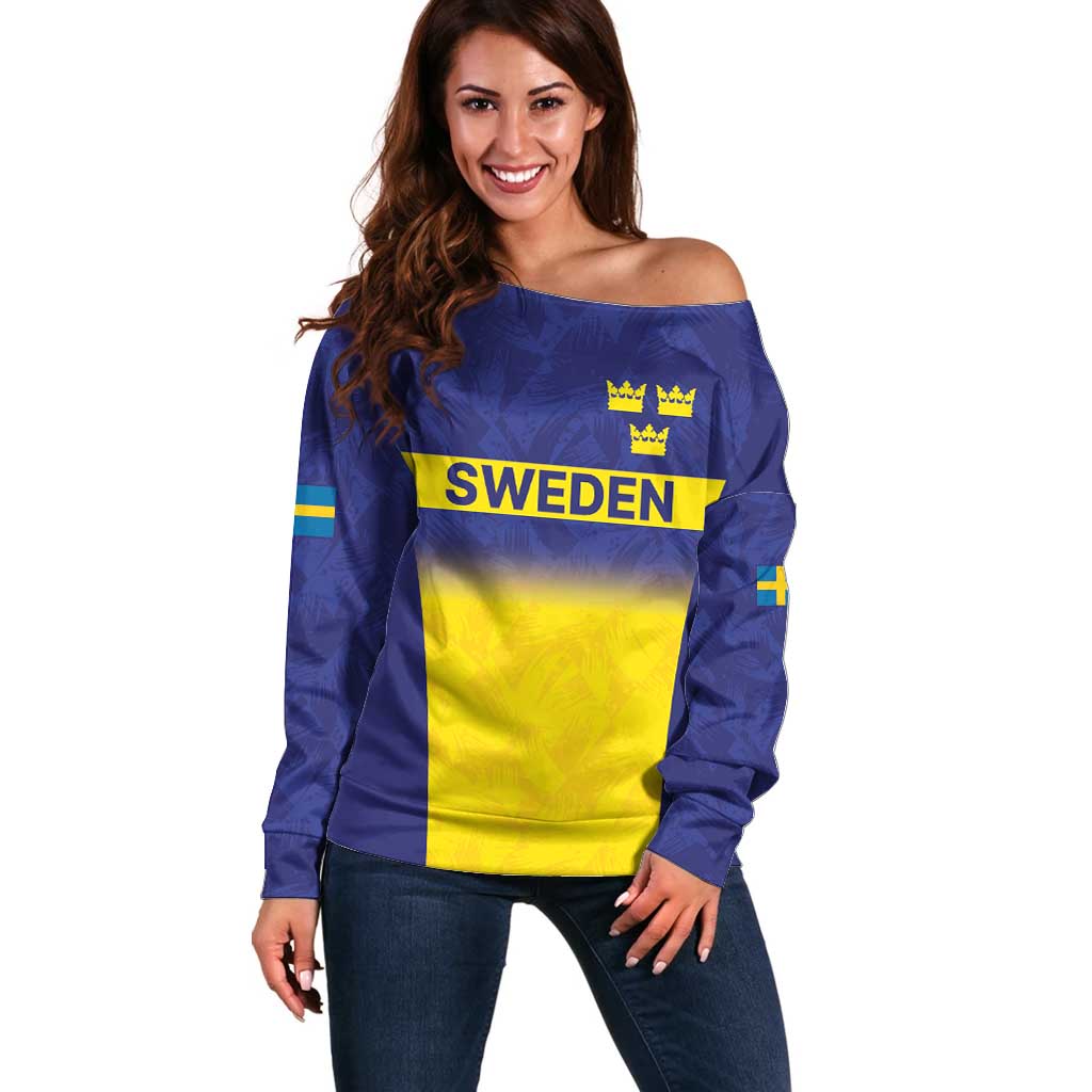 Sweden Rugby Custom Off Shoulder Sweater Three Crowns of Sweden Blue Pattern - Wonder Print Shop