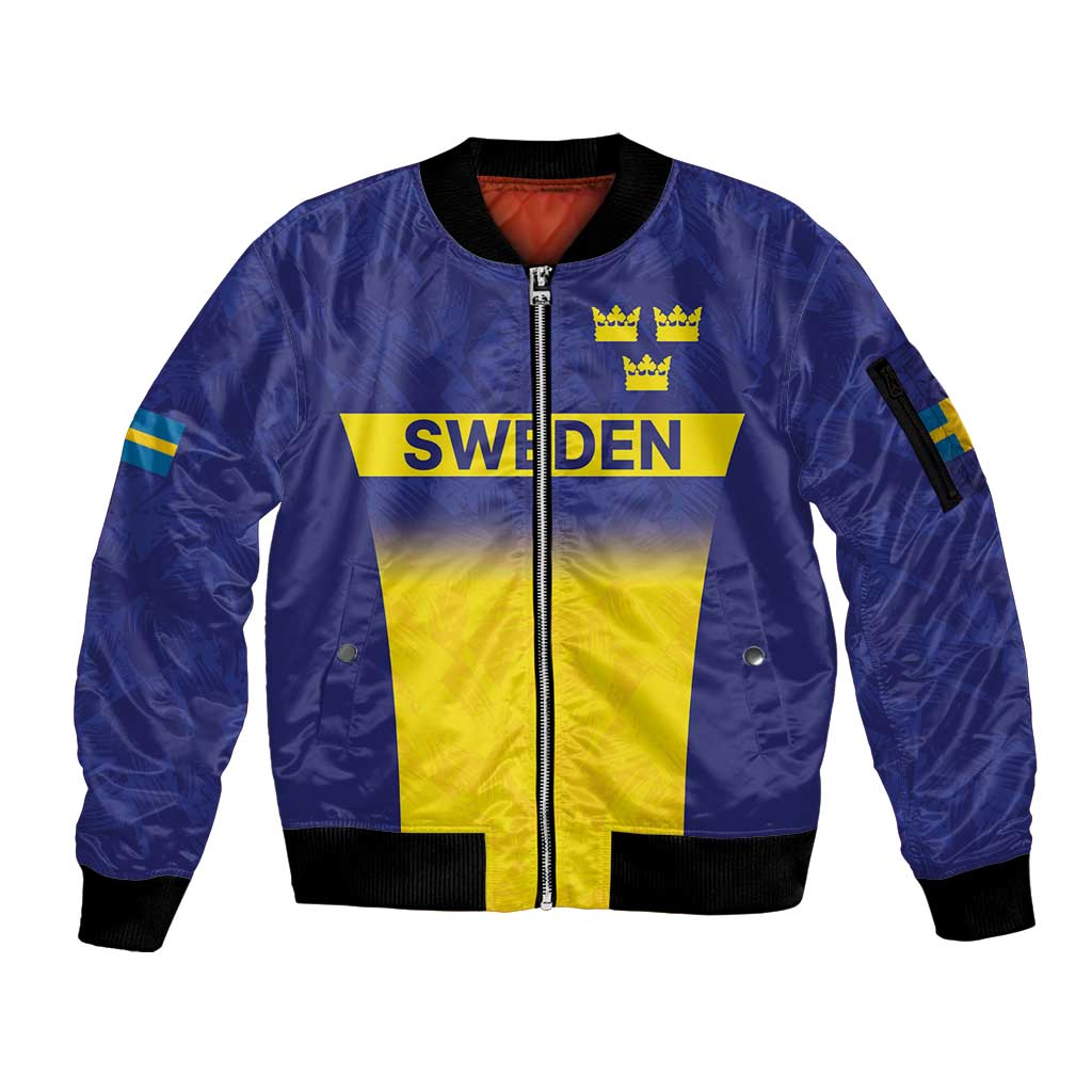 Sweden Rugby Custom Sleeve Zip Bomber Jacket Three Crowns of Sweden Blue Pattern - Wonder Print Shop