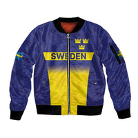 Sweden Rugby Custom Sleeve Zip Bomber Jacket Three Crowns of Sweden Blue Pattern - Wonder Print Shop