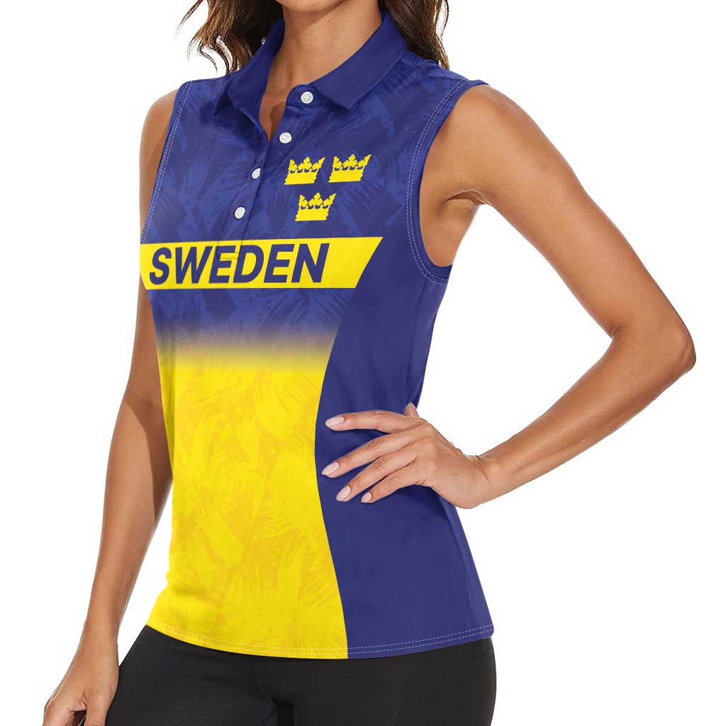 Sweden Rugby Custom Women Sleeveless Polo Shirt Three Crowns of Sweden Blue Pattern - Wonder Print Shop