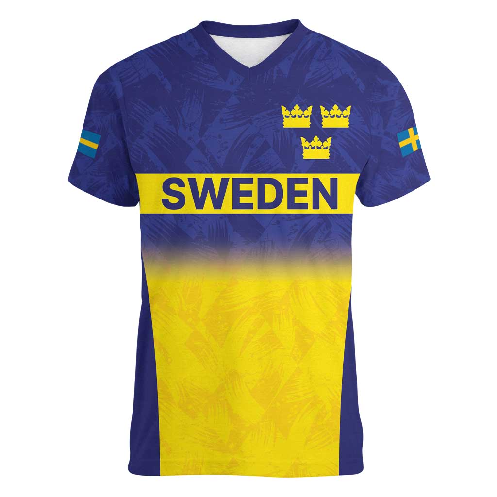 Sweden Rugby Custom Women V-Neck T-Shirt Three Crowns of Sweden Blue Pattern - Wonder Print Shop