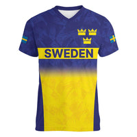 Sweden Rugby Custom Women V-Neck T-Shirt Three Crowns of Sweden Blue Pattern - Wonder Print Shop