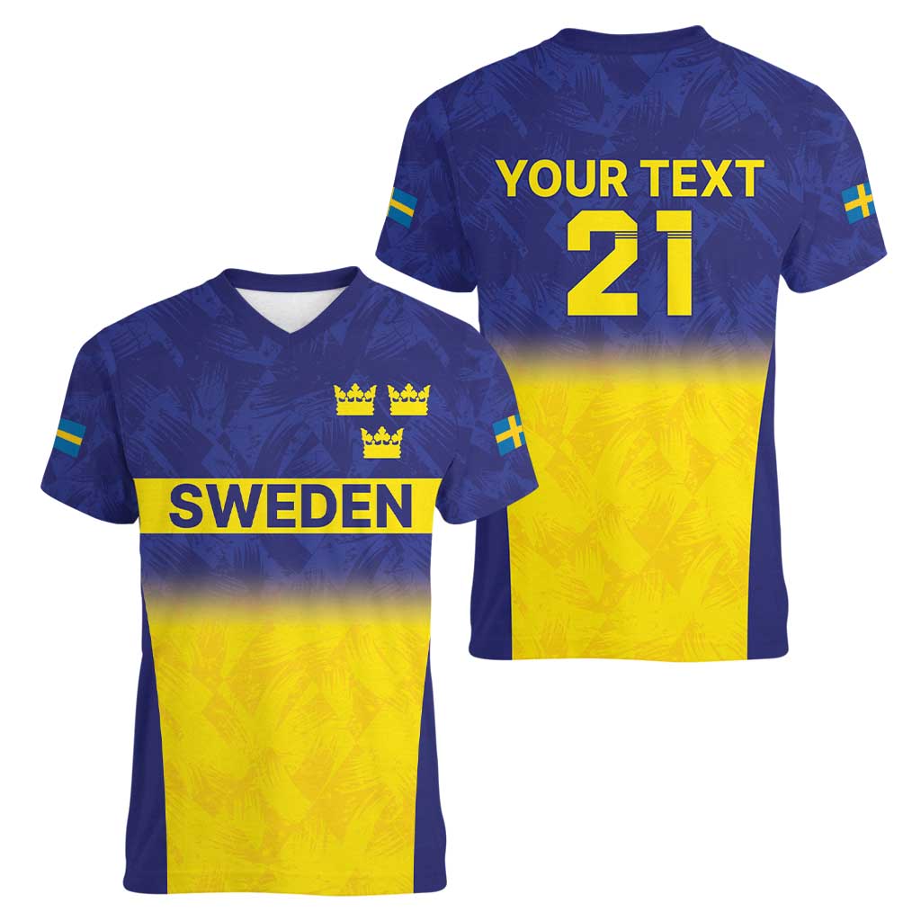 Sweden Rugby Custom Women V-Neck T-Shirt Three Crowns of Sweden Blue Pattern - Wonder Print Shop