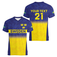 Sweden Rugby Custom Women V-Neck T-Shirt Three Crowns of Sweden Blue Pattern - Wonder Print Shop
