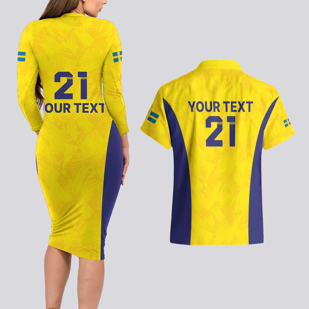 Sweden Rugby Custom Couples Matching Long Sleeve Bodycon Dress and Hawaiian Shirt Three Crowns of Sweden Gold Pattern LT9 - Wonder Print Shop